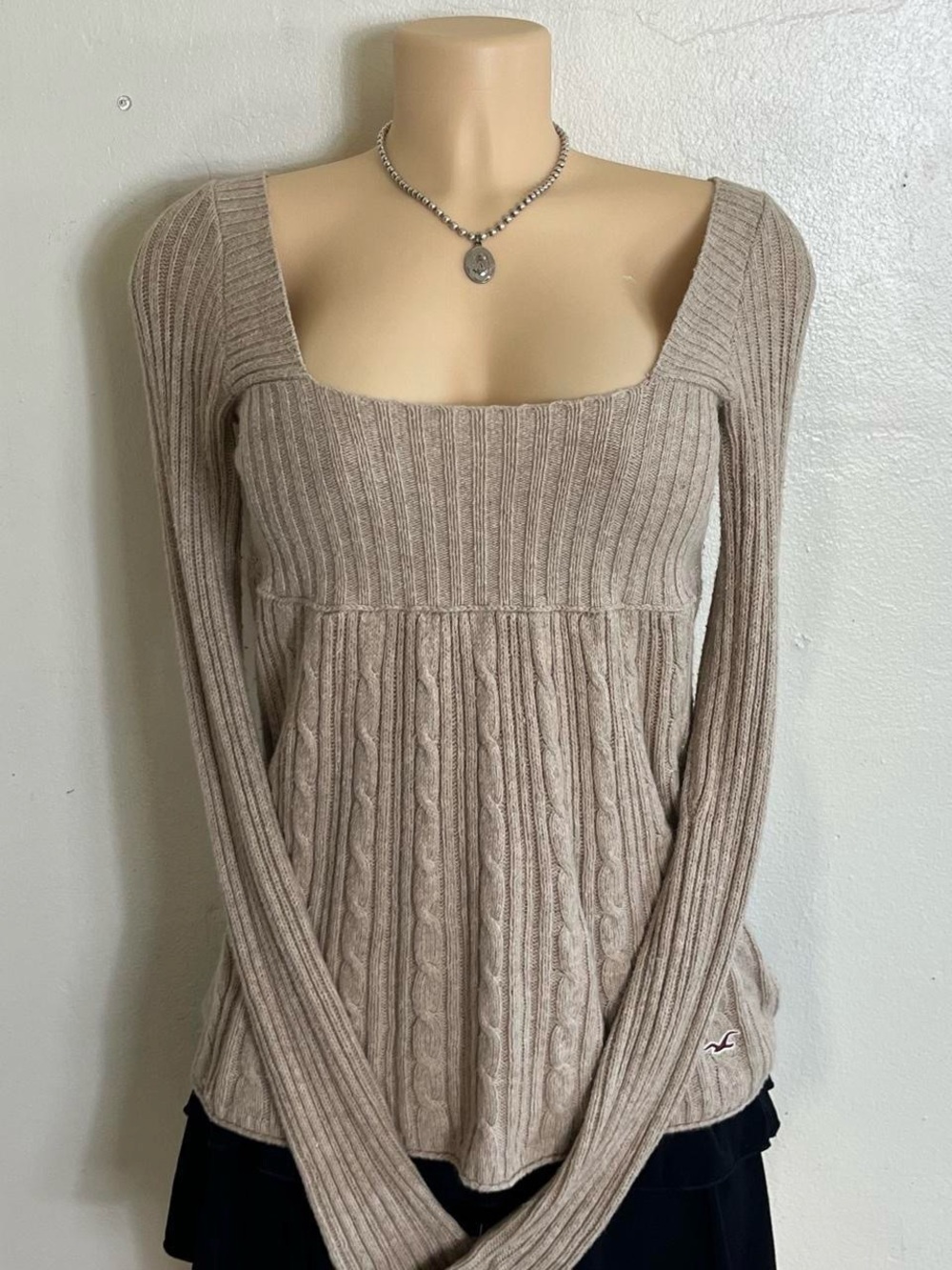 Hollister Taupe Square-Neck Cable & Rib Knit Sweater
